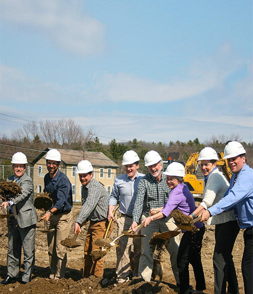 From Left to Right: Bill Roberts of VEDA; Chris Huston BLC Architect; Sean Paquette BLC PM; Andy Collins, Dr. Brian Collins, Anne Collins; Robin Scheu of ACEDC and Ian Carrol of NBM.