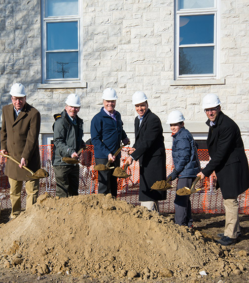 Middlebury Town Offices (left to right): John Dale Bread Loaf Corporation Architect, Nick Artim Selectboard Vice-Chair, Dean George Selectboard Chair, Ron Liebowitz President of Middlebury College, Heshie Liebowitz, Bread Loaf Corporation VP of Architecture Chris Huston.