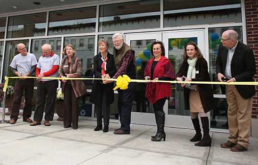 From Left to Right: Managing Director Eric Bunge, Past Building Committee Chair Stuart Johnson, NS Board of Director Chair Janet Miller Haines, Past Campaign Leadership Committee Co-Chairs Cyn and Ray Barrette, Past Campaign Leadership Committee Co-Chair Linda Roesch, Artistic Director Carol Dunne, BLC Architect Jim Pulver.