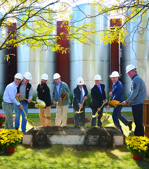 From Left to Right: BLC Architect Tom Karlhuber, Long Trail Brewmaster Dave Hartmann, Otter Creek Brewmaster Mike Gerhart, Director of Operations Matt Quinlan, Otter Creek Founder Lawrence Miller, U.S. Representative Peter Welch, VT Governor Peter Schumlin, President/CEO Dan Fulham. 