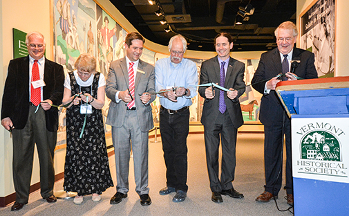 From Left to Right: Brian Lindner (National Life), Barbara Mieder (VHS Trustee), Steve Perkins (VHS), Tim Sample (Paul Sample's son), Lt. Governor Zuckerman, and Dick Marek (VHS Trustee)